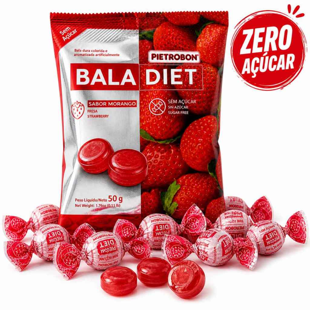 Pacote de Bala de Morango Sem açúcar Pietrobon - Bala dura 50g Diet - Bala zero açúcar - Bala sem açucar