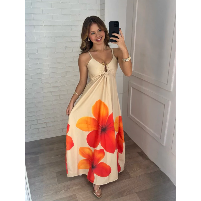 Vestido Longo Feminino Estampado Floral Alça Fina Verão Luxo — imagem 1