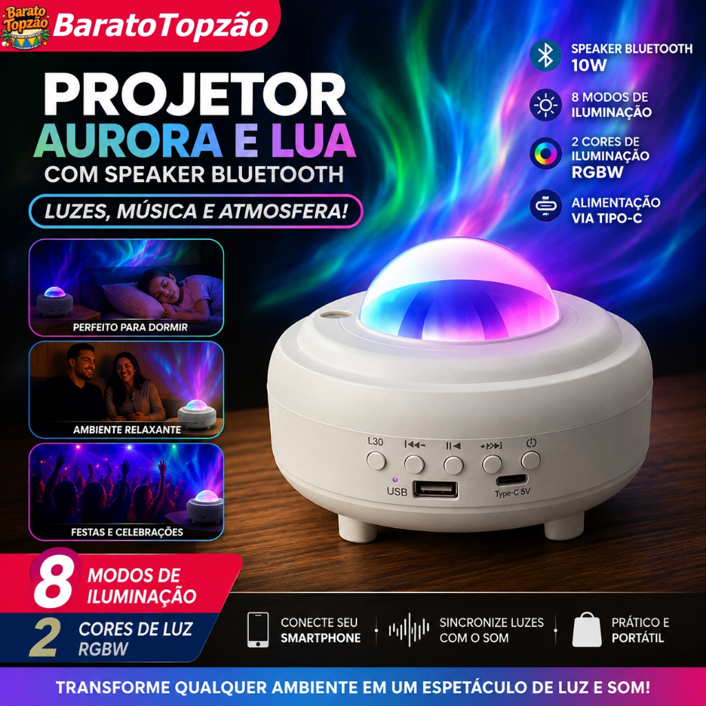 Projetor de Aurora e Lua com Speaker Bluetooth 10W, Luz Ambiente RGBW, Entrada Tipo-C