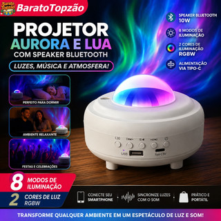 Projetor de Aurora e Lua com Speaker Bluetooth 10W, Luz Ambiente RGBW, Entrada Tipo-C
