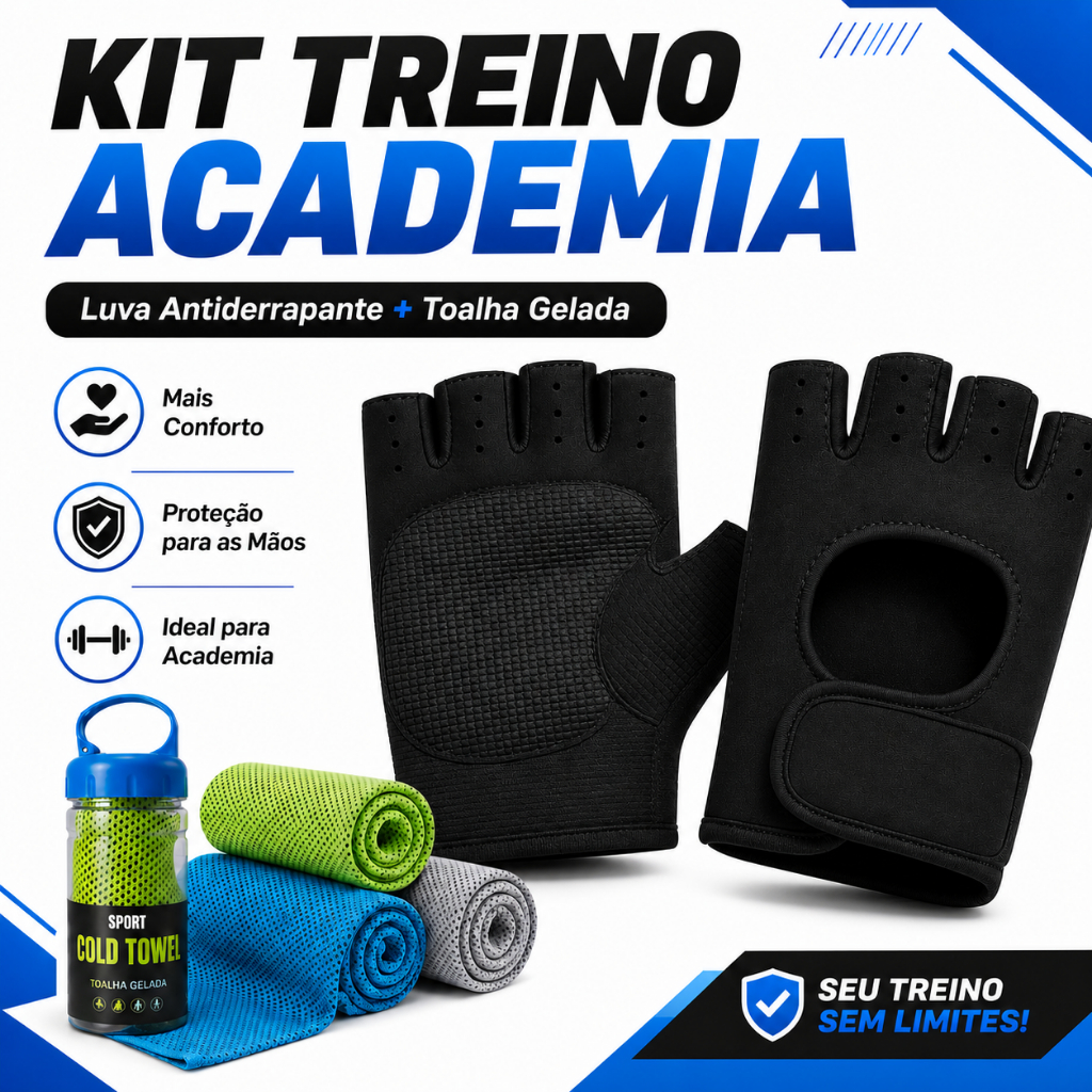 Kit Academia Luva Musculação Antiderrapante + Toalha Gelada Cooling Fitness
