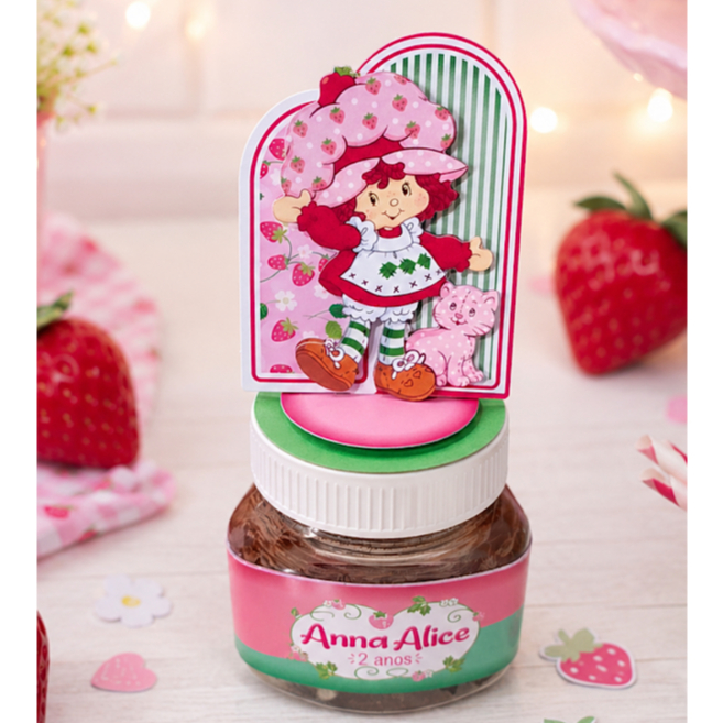 Kit PEGUE E MONTE para pote de Nutella 180g – Aplique + Rótulo Personalizado Moranguinho