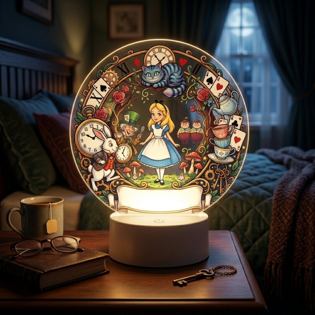 Luminária Alice No País Das Maravilhas Gato Coelho Relógio Infantil Personalizado Presente Livro
