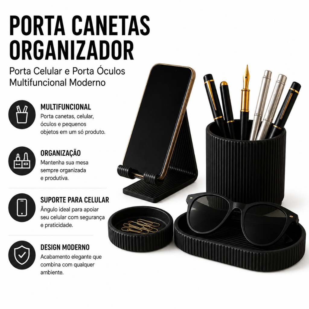 Kit Organizador de Mesa Minimalista com Suporte para Smartphone e Acessórios