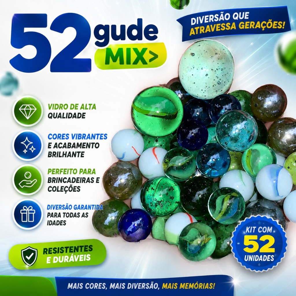 Kit 52 Gude MiX bolinhas vidro importada fubeca Birosca peteca Bolinha de Gude Escaldapes