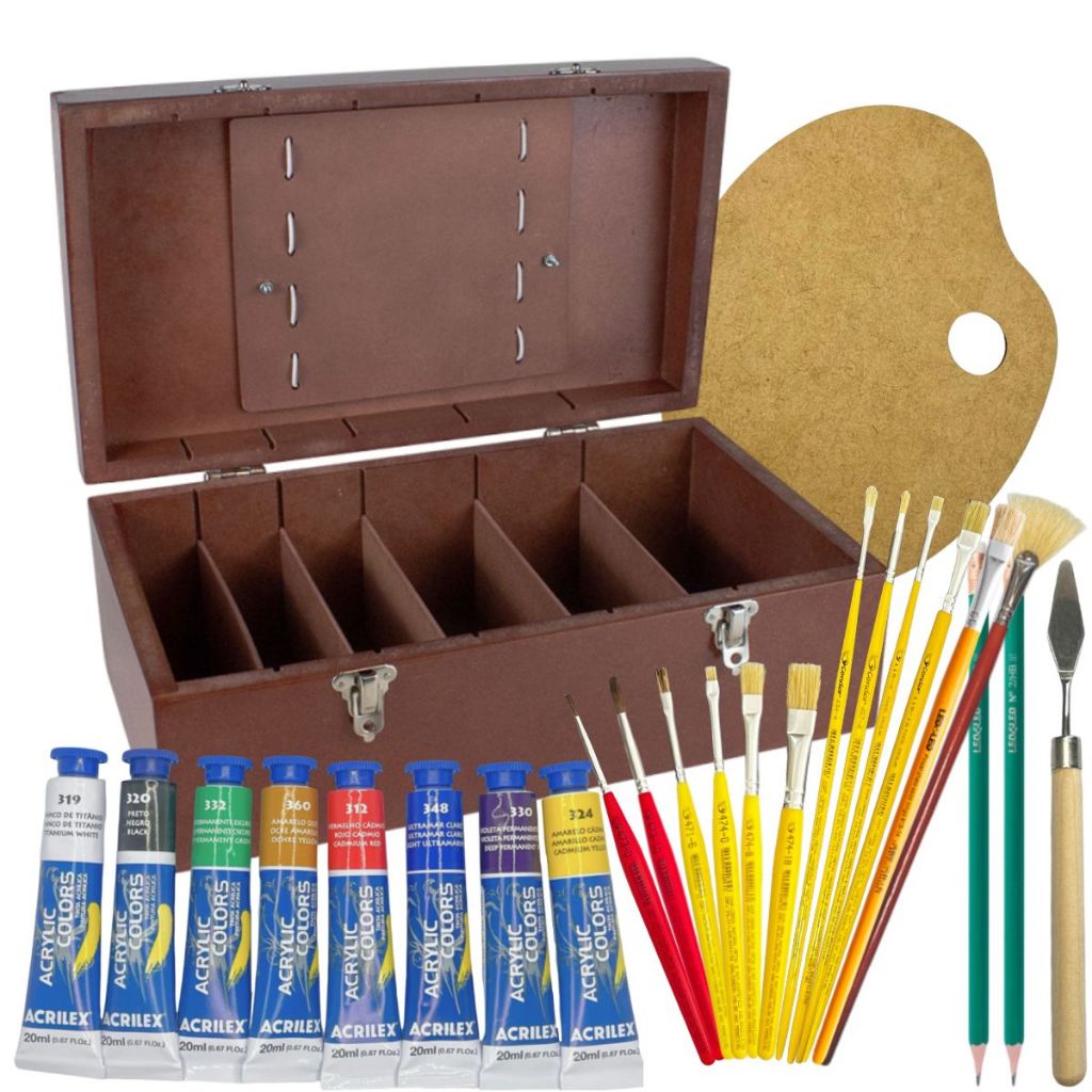 Kit Caixa Maleta De Pintura Artística Mdf Mogno + Tinta Acrilex Acrilica ou Óleo + Pinceis + Godê