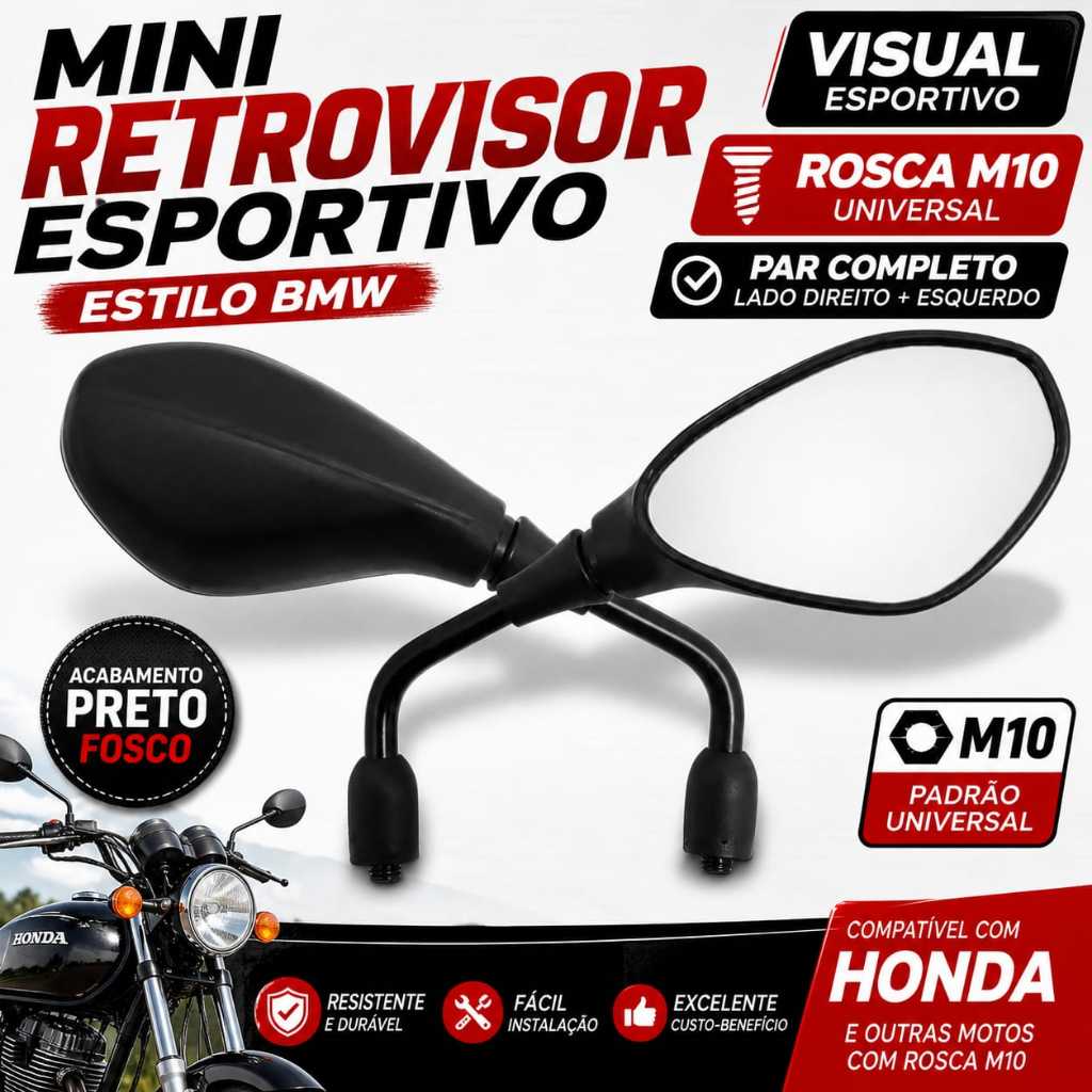 Mini Retrovisor Esportivo BMW Moto Honda M10 Preto Par
