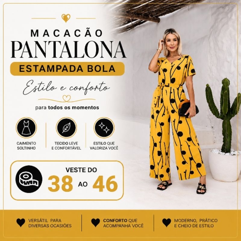 Macacão Pantalona Estampa Bola Não Marca Confortável Feminino 1069