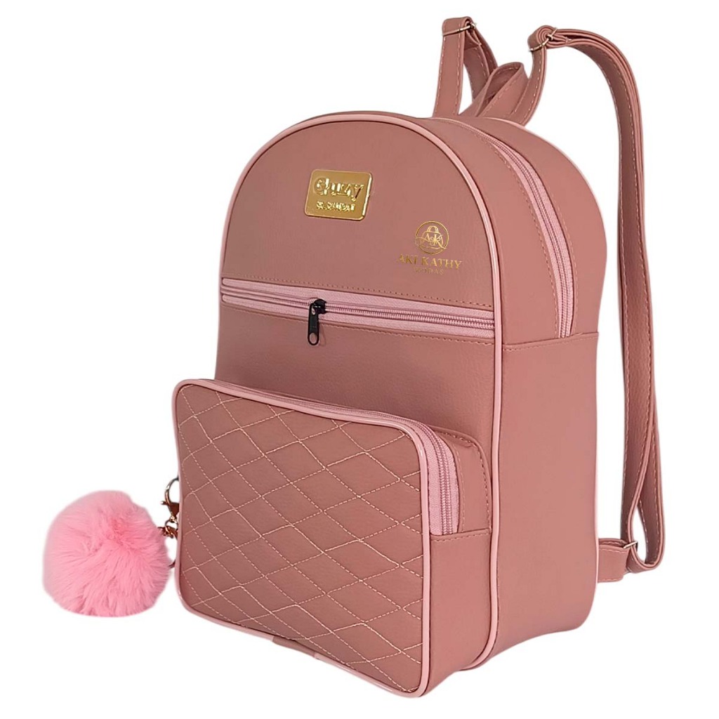 Bolsa Mochila Feminina de Costas Courino Elegante com Alças Reguláveis + POM POM