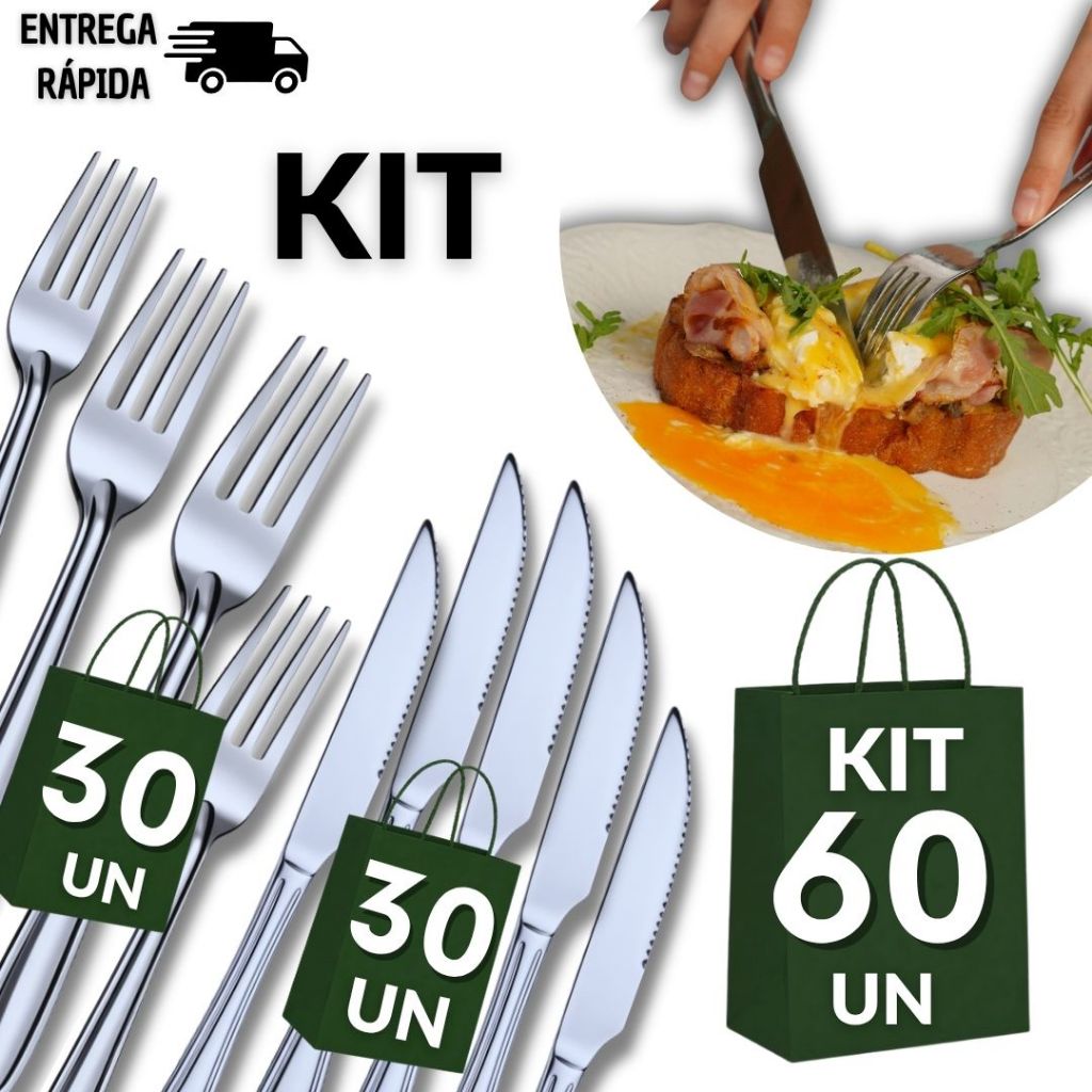 Conjunto 60  Talheres Inox 30 Faca 30 Garfo  Cozinha Restaurante Buffet Casa Resistência Qualidade Utilidades