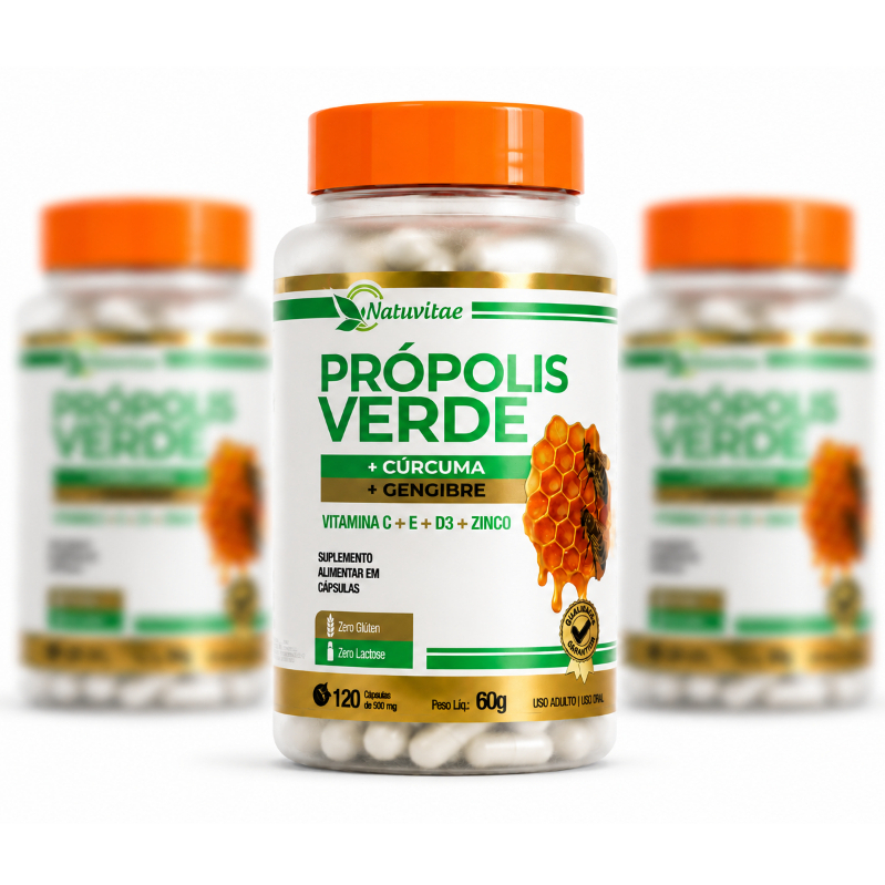 Própolis Verde + Gengibre + Cúrcuma Vitaminas C D3 Zinco Imunidade/anti viral 120 capsulas