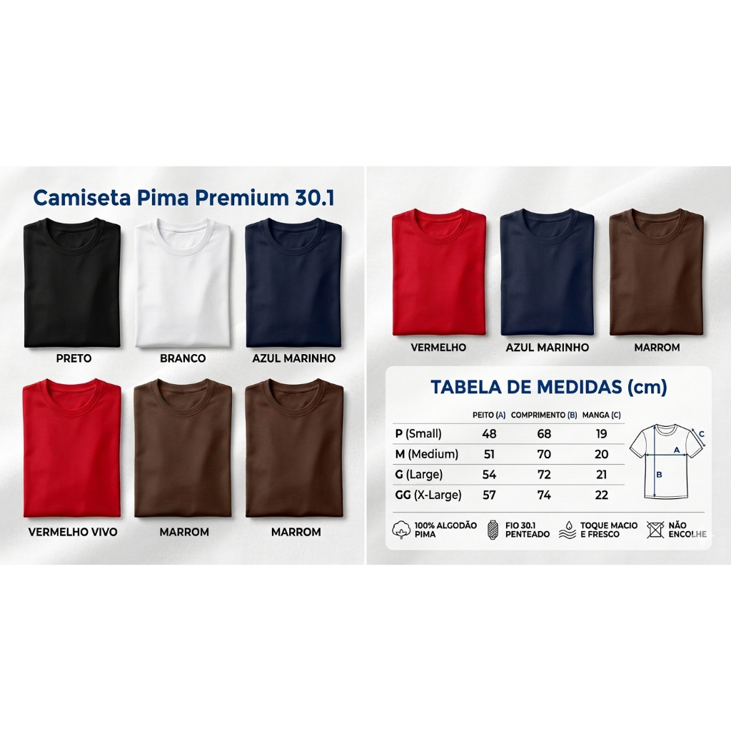 Camiseta Masculina Malha Pima Premium Fio 30.1 - Algodão Peruano Toque Macio Não Encolhe Original