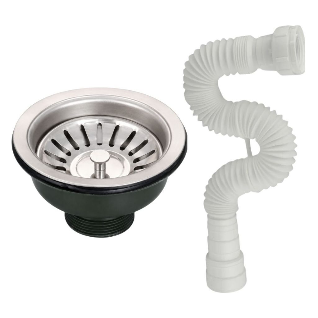 Válvula Americana Inox 3.1/2 com Cestinha Para Pia de Cozinha e Sifão Flexível Branco