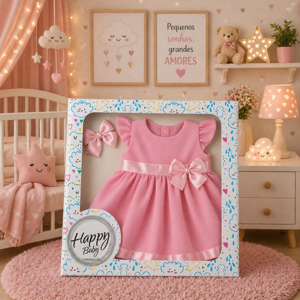 Vestido Princesa Bebê Luxo com Tiara na Caixa Detalhes em Voal e Cetim