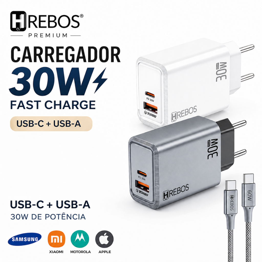 Carregador Turbo 30W PD USB-C + USB-A com Cabo USB-C 1m Bivolt Homologado Anatel