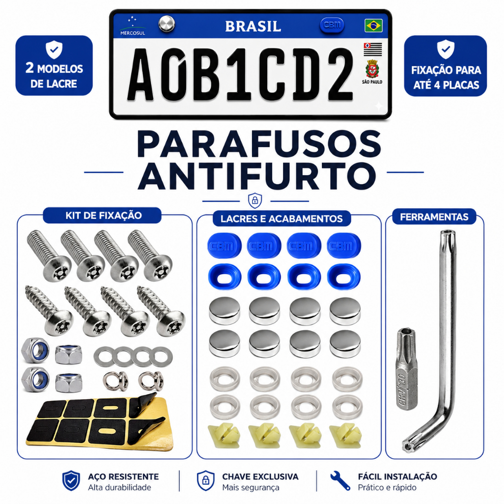 Kit Parafuso Antifurto Placa Mercosul Inox Anti Roubo Parafusos Segurança Placa com Chave Especial