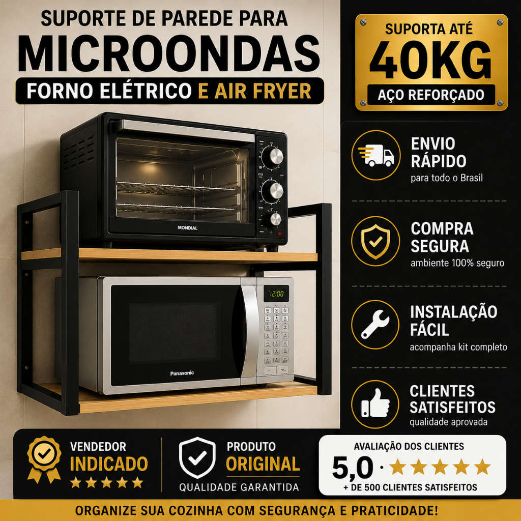 Suporte de Microondas Forno Elétrico Ferro e Madeira Prateleira Multiuso Forno Air Fryer Cozinha