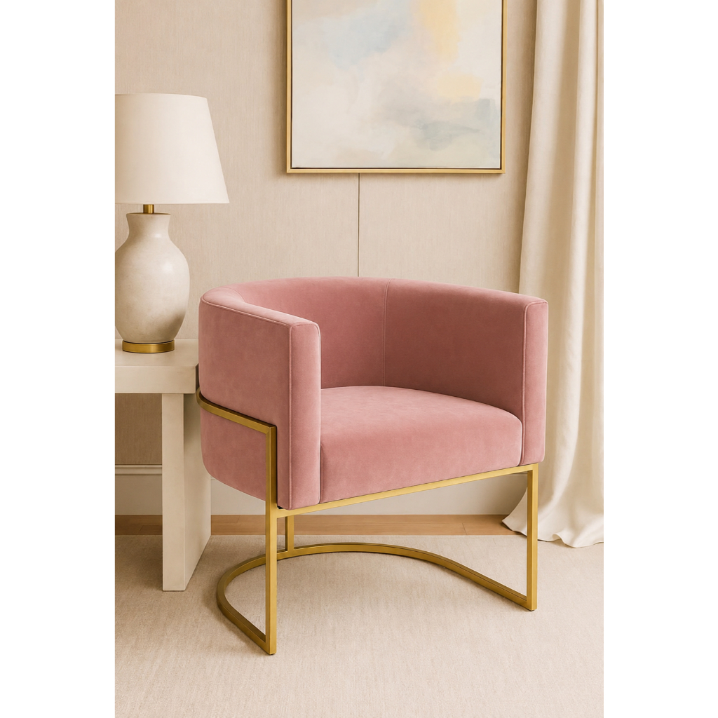 Poltrona Luna Luxo - Suede Rosê e Base Dourada. Sala, Salão, Escritorio e Sala de Jantar