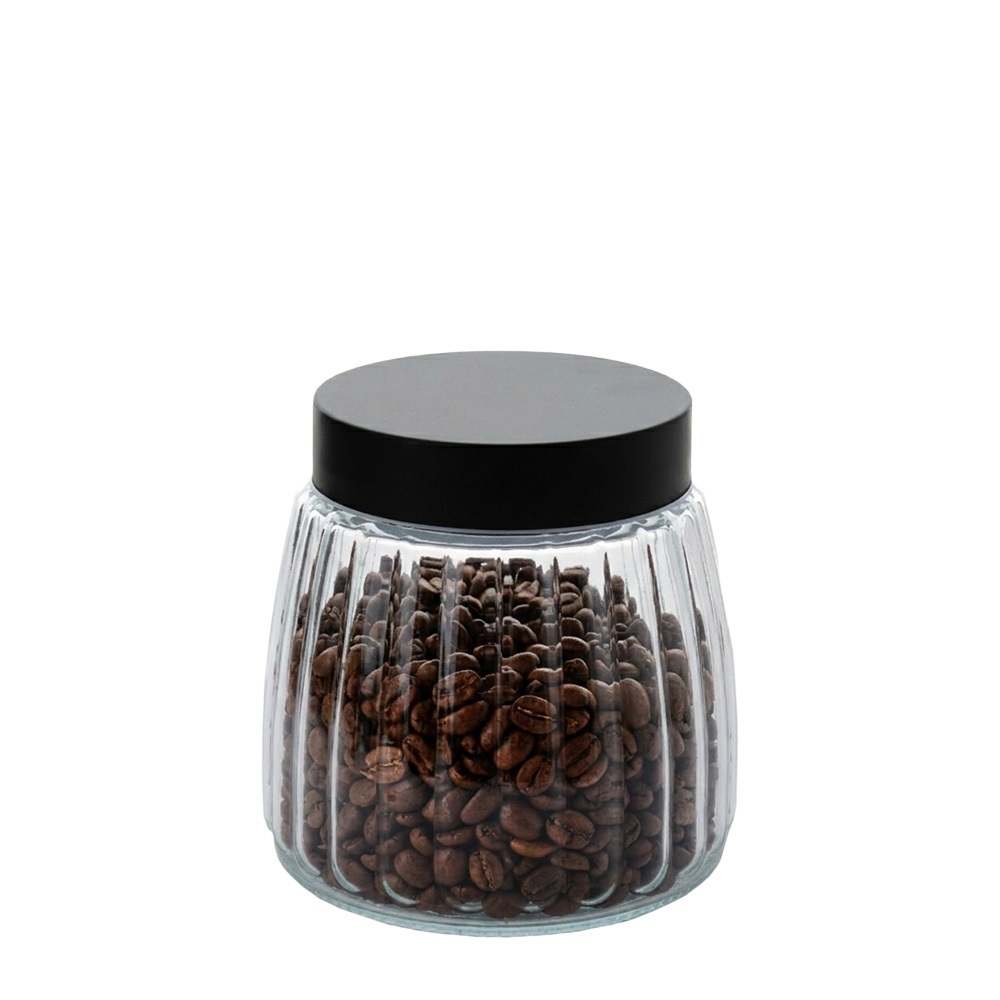Pote de Vidro Canelado com Tampa Metal Preta 800ml, Porta Mantimentos de Vidro –