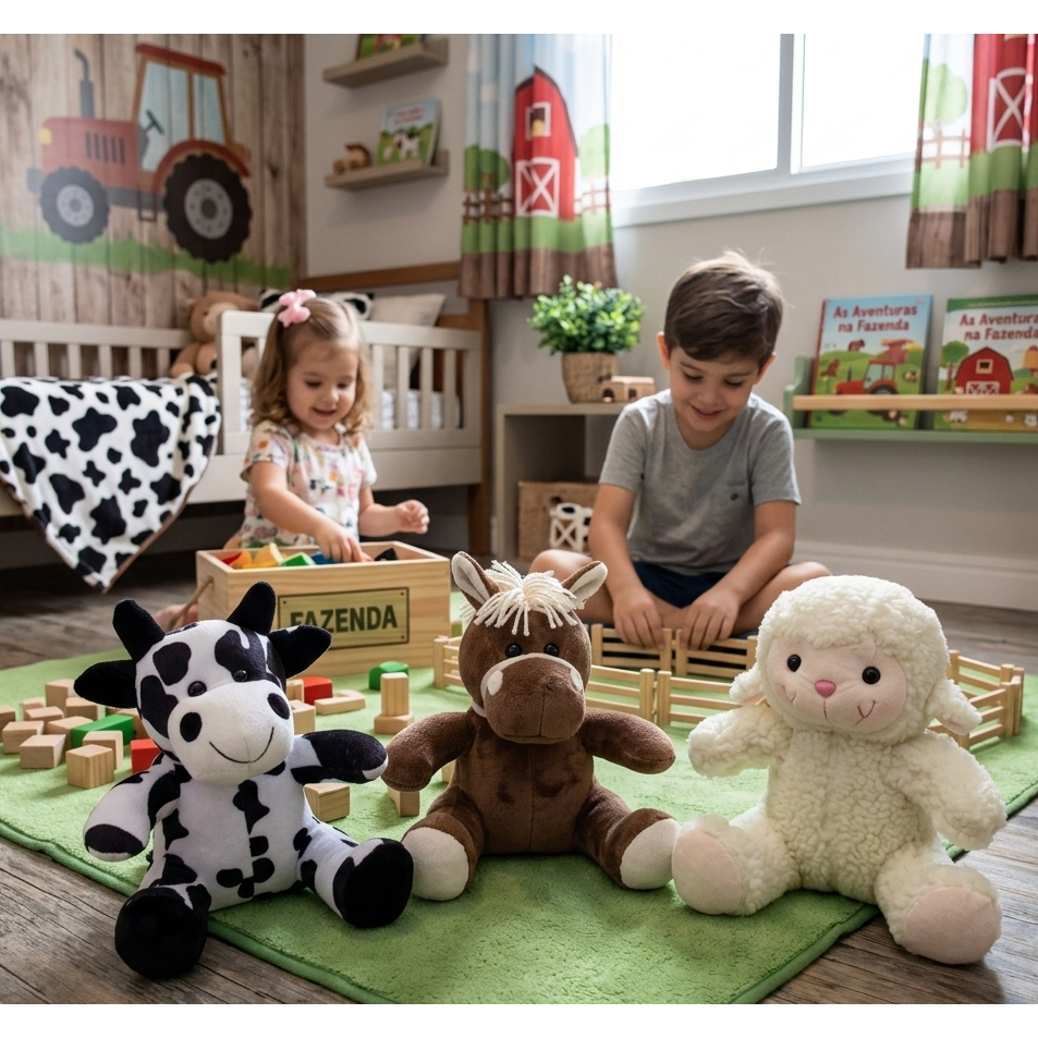Kit Com 03 Bichos De Pelúcia Fazendinha Antialérgicos 25 Cm