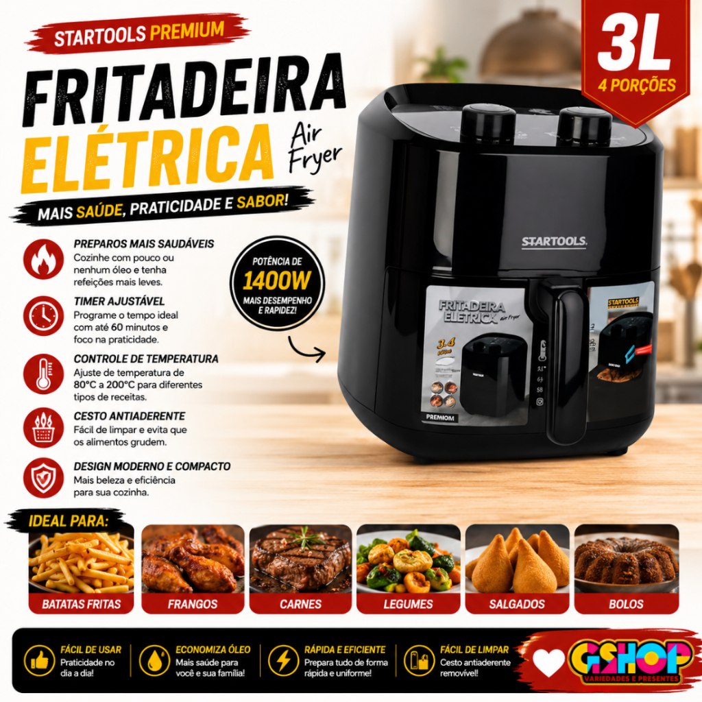 Air Fryer Fritadeira Sem Óleo 3,4L 220V Cesto Removível Antiaderente Batata Frita Frango Saudável