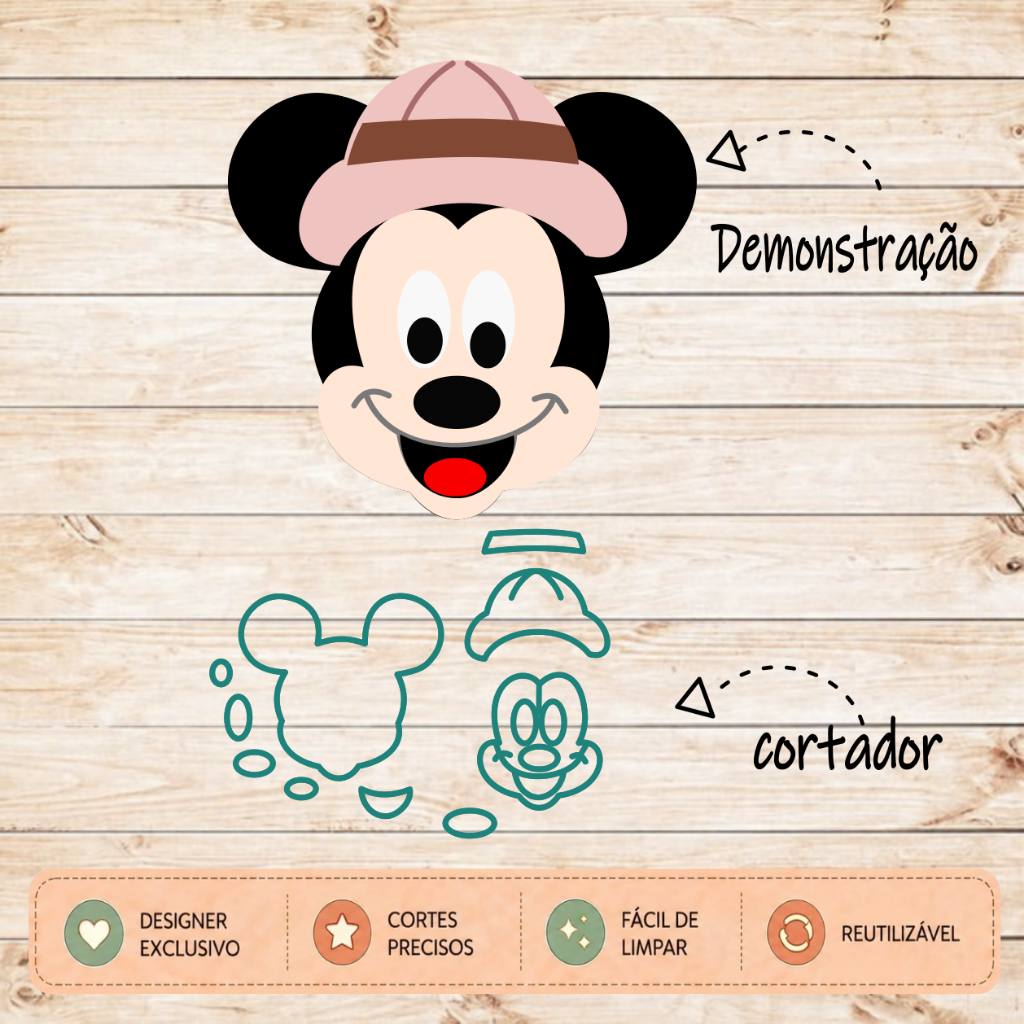 Cortador Mickey Safari Molde Forminha para Pasta Americana Confeitaria e Artesanato