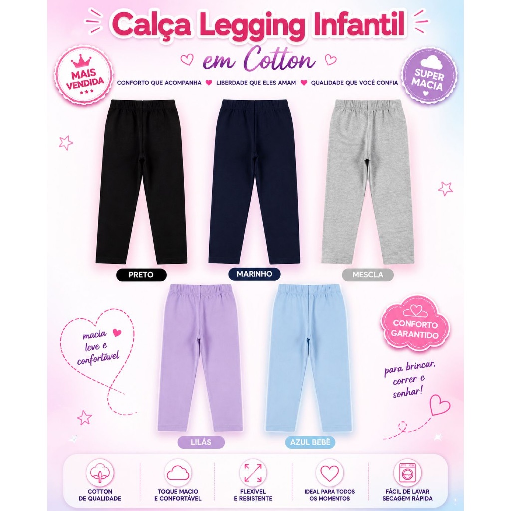 Kit Sortido 4 Calça Legging em Cotton Menina
