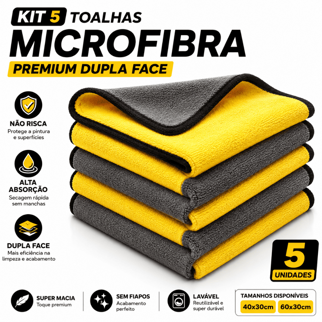 Kit 5 Flanela Pano Toalha Microfibra Automotiva 30x40 30x60 Premium Para Lavagem de Carro
