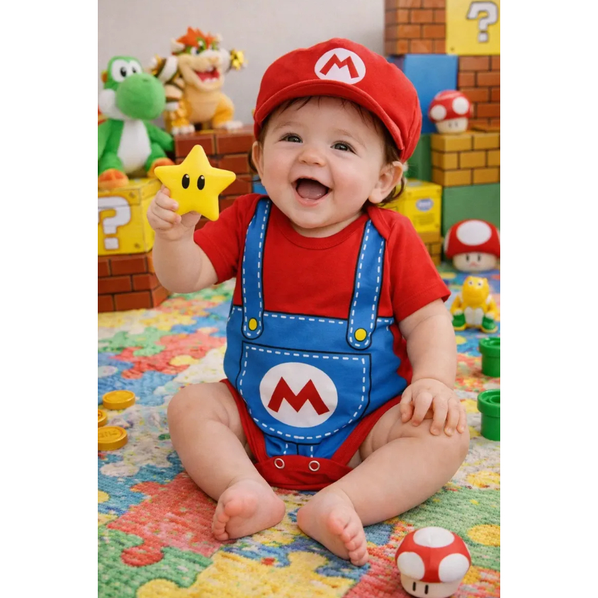 Body bebê Mario Bros / Boina - mesversário temático