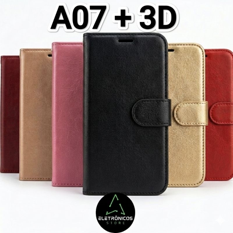 Kit Película 3D + Capa Capinha Carteira Flip Cover Samsung A07