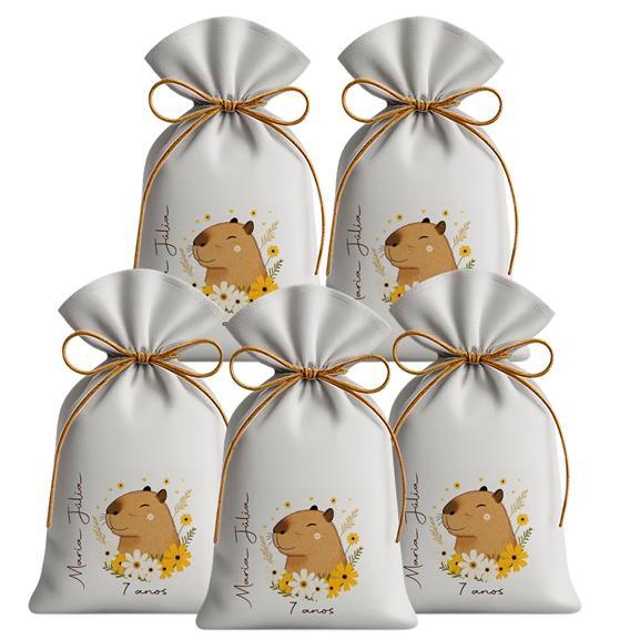 Kit 20 Saquinhos Sacolinhas Lembrancinha Festa Aniversário Tecido Personalizado Capivara Margaridas