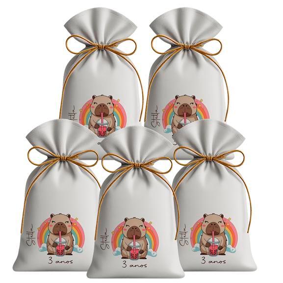 Kit 15 Saquinhos Sacolinhas Lembrancinha Festa Aniversário Tecido Personalizado Capivara Shake
