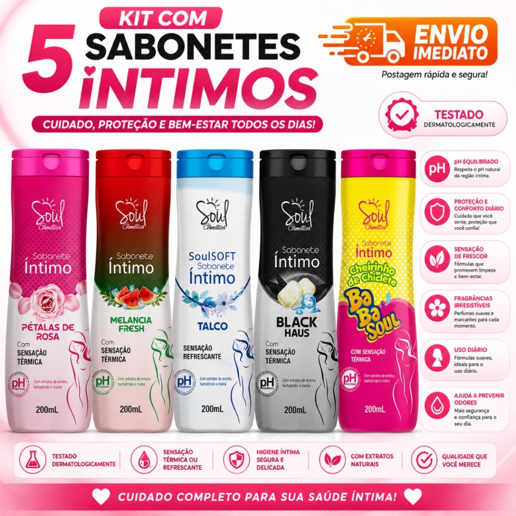 KIT 5 SABONETES ÍNTIMOS FEMININO COM AROMA SUAVE , PH NATAURAL, FRESCOR PROLONGADO, LIMPEZA DELICADA E SEGURA