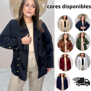 Blazer Feminino Plus Size Alongado Social Elegante em Neoprene com Botões Dourados – Casual Chic Moda Executiva do