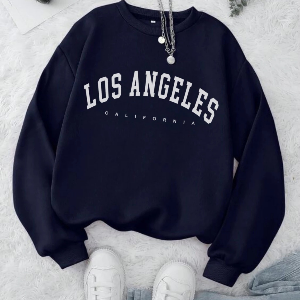 Moletom Feminino Los Angeles Oversized Flanelado Gola Careca Blusa de Frio Casual