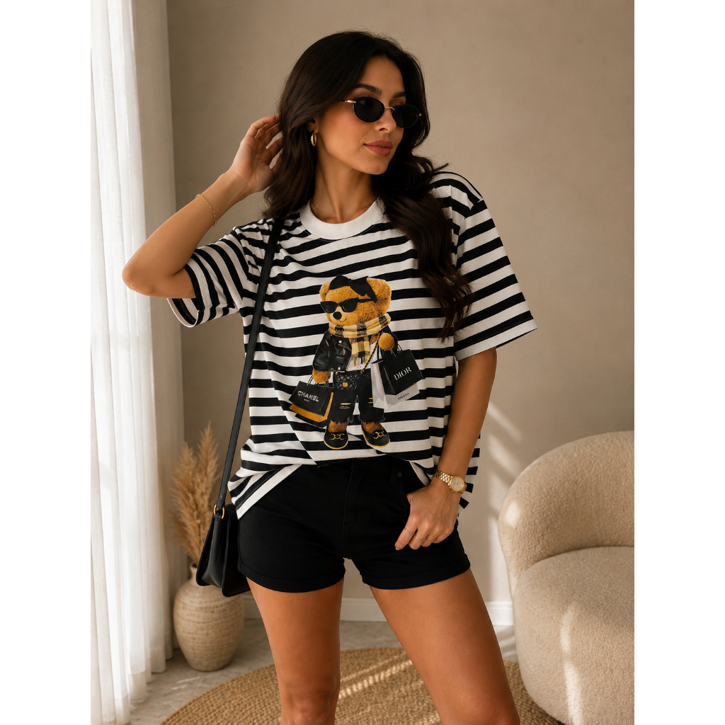 T-Shirt Ursinho Fashion Listrada Premium Feminina
