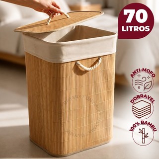 Cesto de Bambu Dobrável 70L Com Tampa e Alças Organizador Com Forro - Banheiro Lavanderia