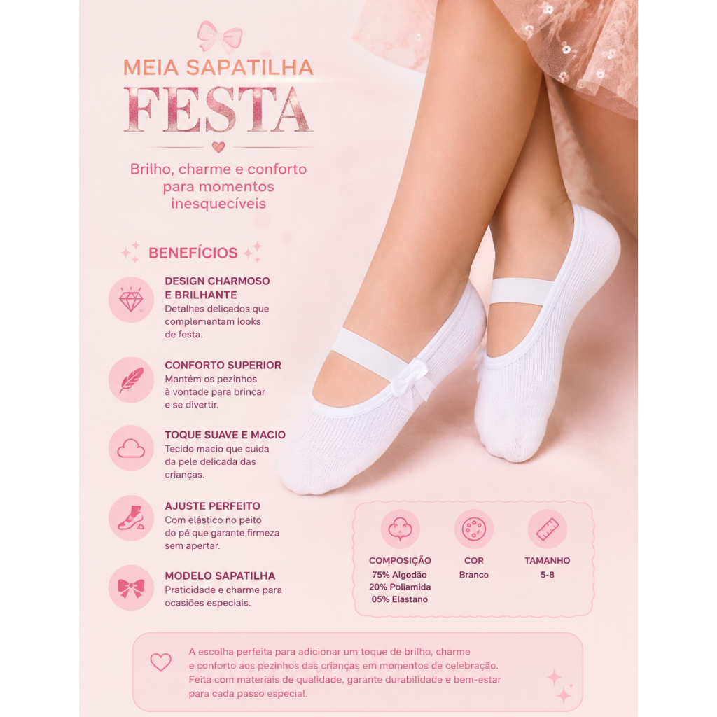 Meia Sapatilha Bebe Festa Branca Com Laço Confortável Antiderrapante Puket 9039 — imagem 2 de 2