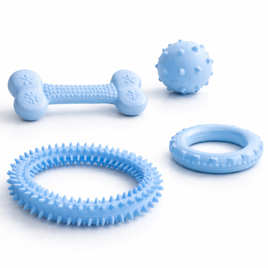 Kit 4 Brinquedos Pet Borracha Maciça Massageador Gengiva Interativo Cães Adultos Filhote Osso Pneu