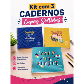 Kit com 3 Cadernos de Cartografia Desenho Capa Flexível Capas SORTIDAS Pauta Branca 200x275mm