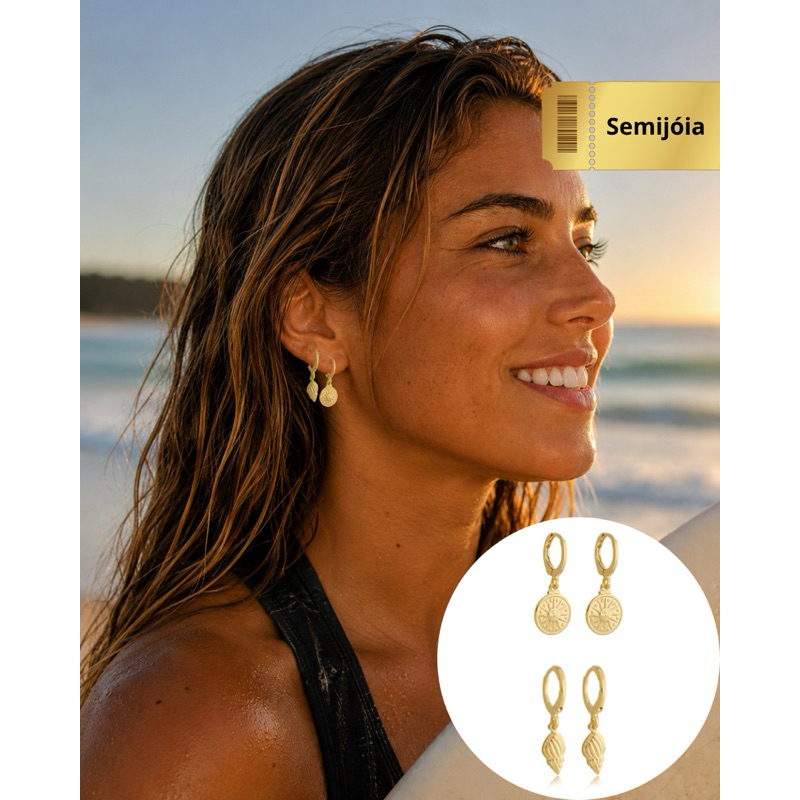 Brinco primeiro e segundo furo feminino 18k – Brinco de Concha e Sol | Folheado a Ouro 18k