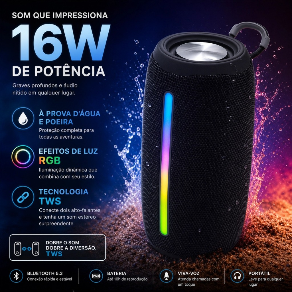 Caixa de Som Bluetooth 16W Sem Fio Luz RGB Led Portátil TWS Recarregável Colorida Para FM/SD/USB IPX6-HY-663