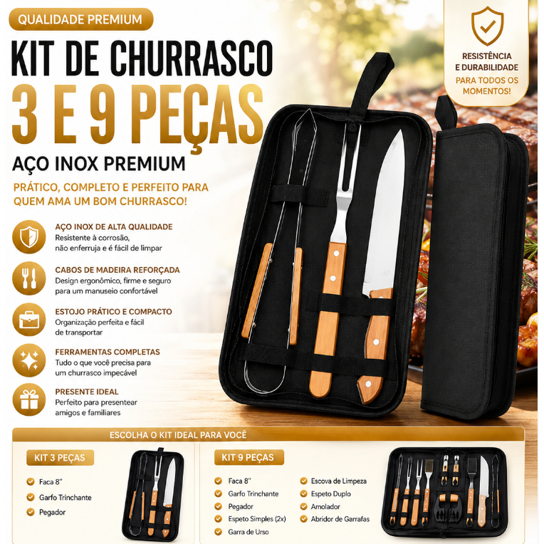 Kit de Churrasco  Conjunto de 3 E 9  Peças Aço Inox Com Estojo Kit Churrasqueiro Presenteável
