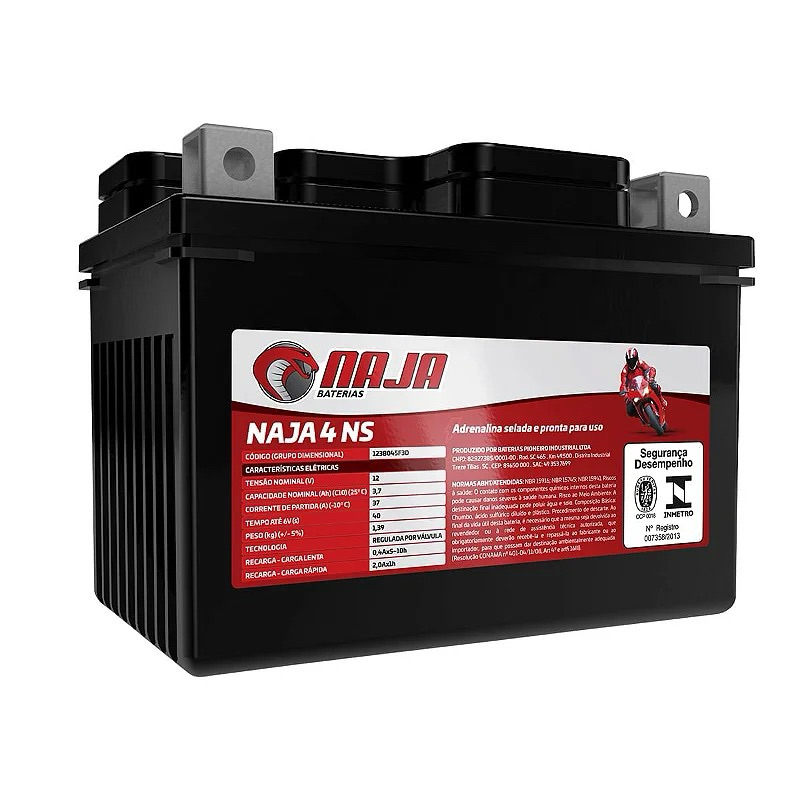 Naja Moto 12V 4AH AGM 4NS - 1 Ano de Garantia do Fabricante(Fabricada por Pioneiro)