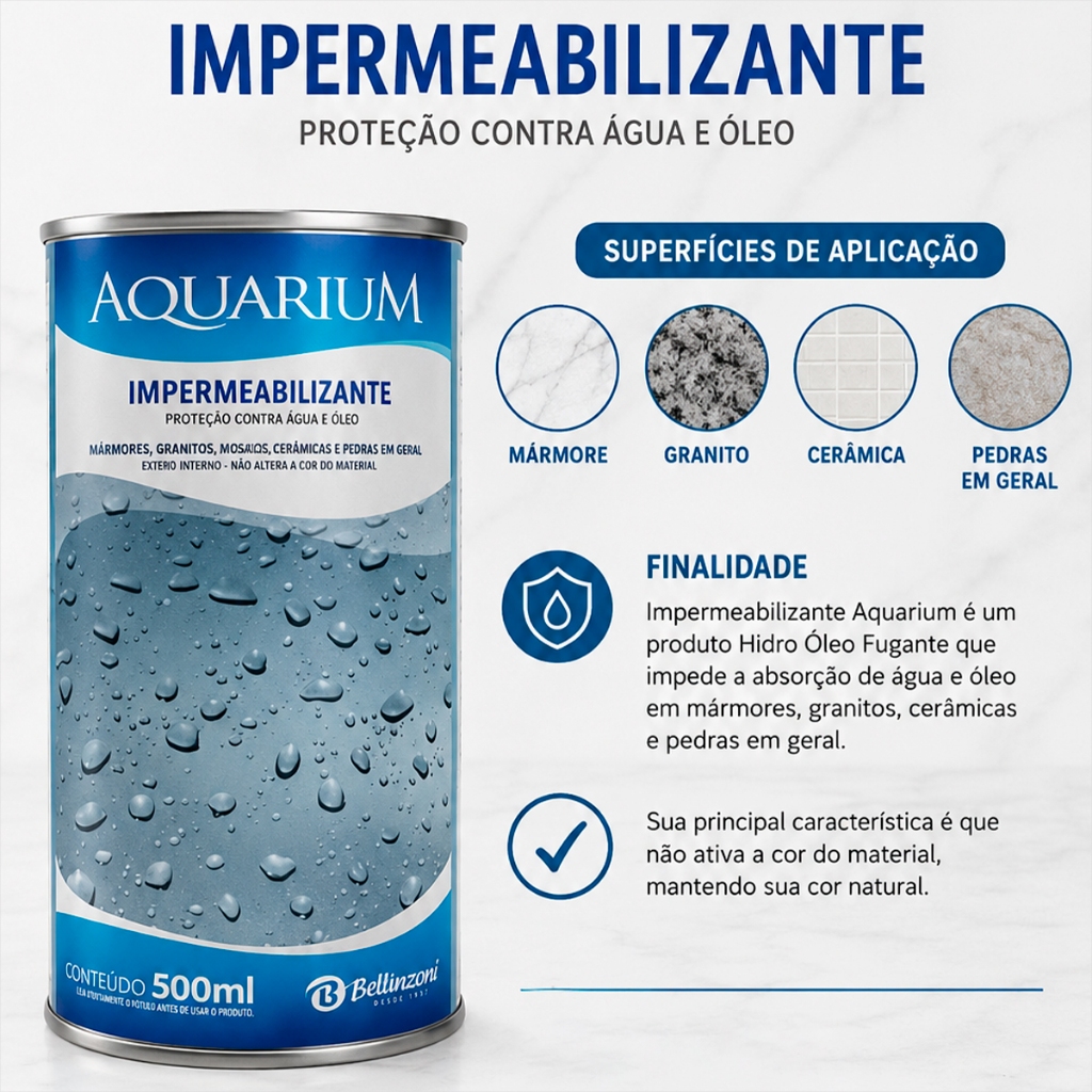 Hidrofugante Bellinzoni Aquarium | Impermeabiliza Mármore Granitos Ceramicas e Pedras 500ml | 900ml