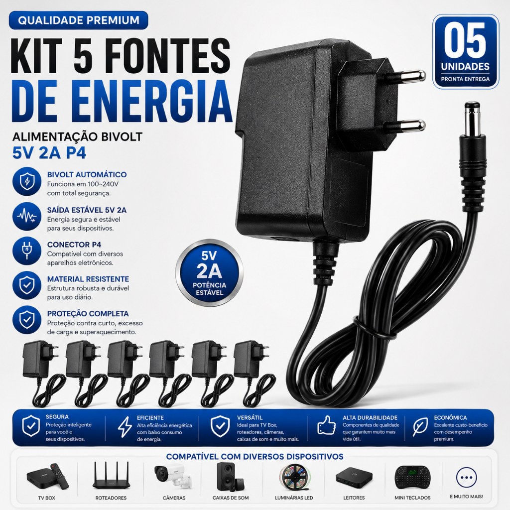Kit 5 Fonte De Energia Alimentação Bivolt 5v 2a P4p/tv Box Pronta Entrega Helplo