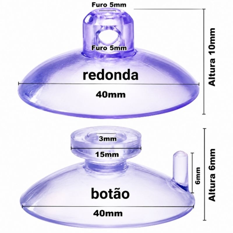 kit 10 ventosas 40 mm PVC silicone para vidro e com cabeça redonda ou botão