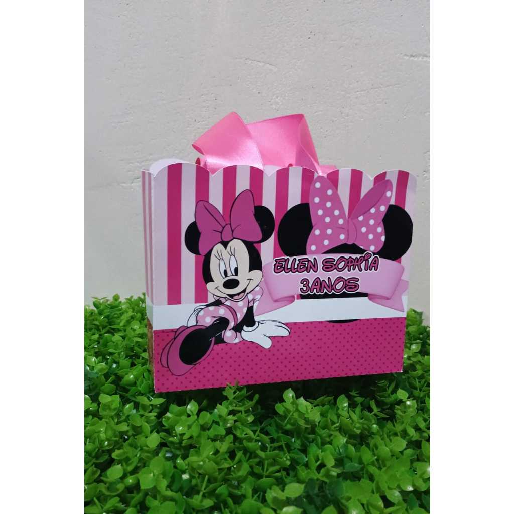Sacolinha Personalizada Minnie Rosa Listrada Festa Infantil | Lembrancinha Aniversário | Fazemos Qualquer Tema