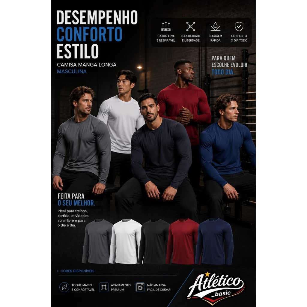 Kit 5 Camiseta Dry Fit Manga Longa Lisa, Moda Masculina Casual e Esportiva para Academia Exercícios Físicos