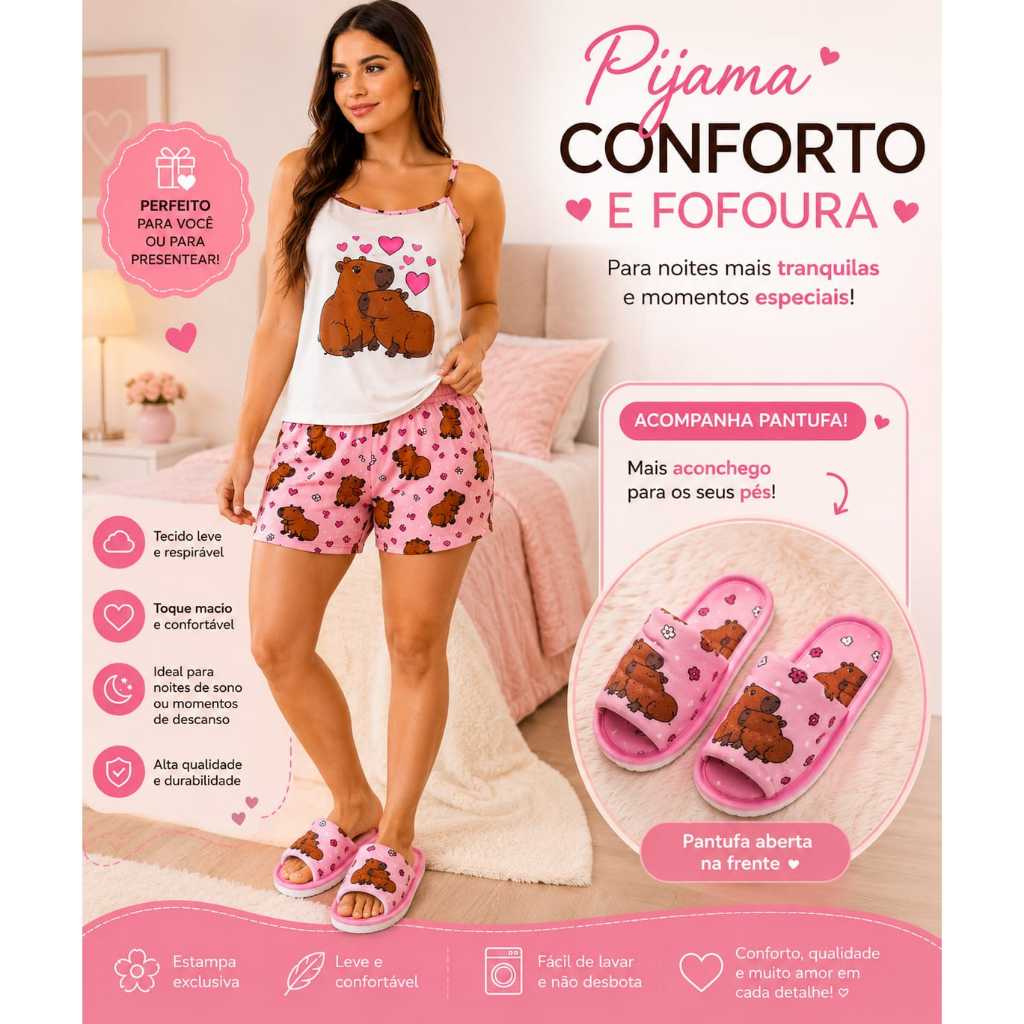 kit pijama feminino adulto alcinha + pantufa capivara rosa personagens de quarto chinelinho